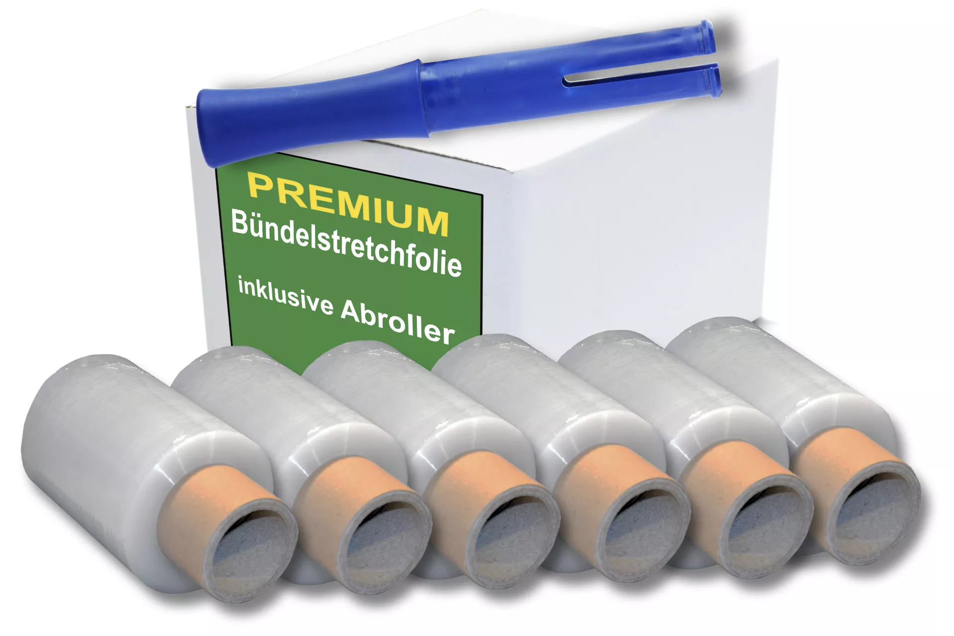 12x Bündelstretchfolie, 100 mm, 23 my, transparent, Kernlänge 140 mm, mit Abroller 12x Bündelstretchfolie, 100 mm, 23 my, transparent, Kernlänge 140 mm, mit Abroller
