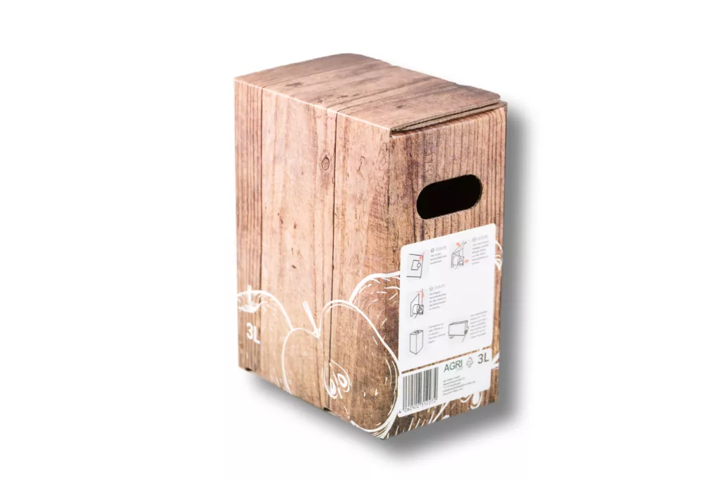 Bag in Box - Karton "Holzkiste Apfel" 3 Liter, seitl. Auslass Bag in Box - Karton "Holzkiste Apfel" 3 Liter, seitl. Auslass