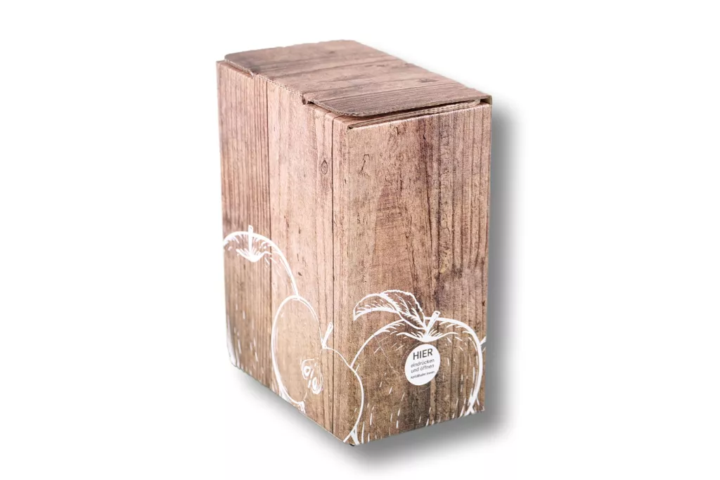 Bag in Box - Karton "Holzkiste Apfel" 3 Liter, seitl. Auslass Bag in Box - Karton "Holzkiste Apfel" 3 Liter, seitl. Auslass