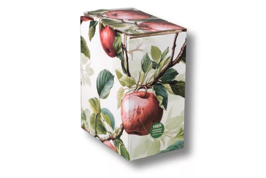 Bag in Box - Karton "rote Äpfel" 3 Liter, seitl. Auslass Bag in Box - Karton "rote Äpfel" 3 Liter, seitl. Auslass