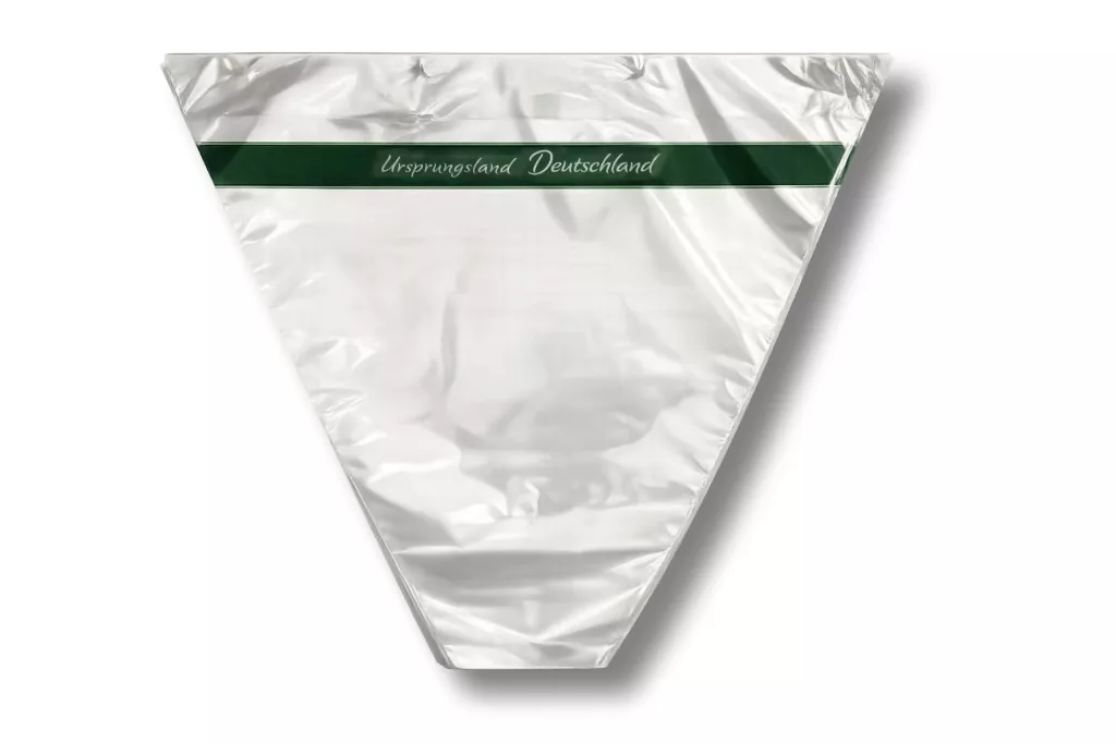 CPP-Verpackungstrichter, 37 x 45 x 15 cm, transparent, geblockt, unten offen, bedruckt CPP-Verpackungstrichter, 37 x 45 x 15 cm, transparent, geblockt, unten offen, bedruckt