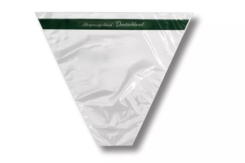 CPP-Verpackungstrichter, 37 x 45 x 15 cm, transparent, geblockt, unten offen, bedruckt