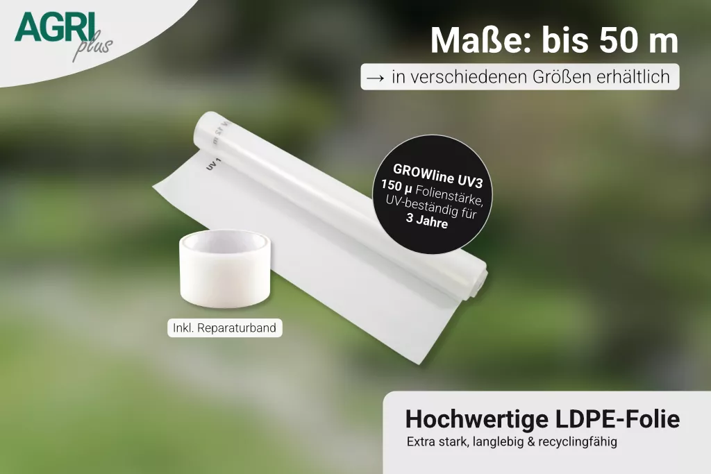 AGRIplus Gewächshausfolie GROWline UV3, 4 x 50 m, 150µ, inkl. Reparaturband AGRIplus Gewächshausfolie GROWline UV3, 4 x 50 m, 150µ, inkl. Reparaturband