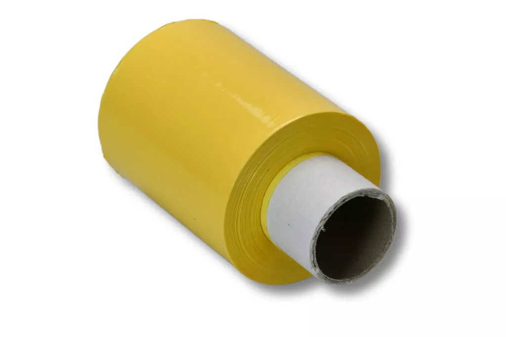 12x Bündelstretchfolie, 100 mm, 23 my, gelb, Kernlänge 140 mm, mit Abroller 12x Bündelstretchfolie, 100 mm, 23 my, gelb, Kernlänge 140 mm, mit Abroller