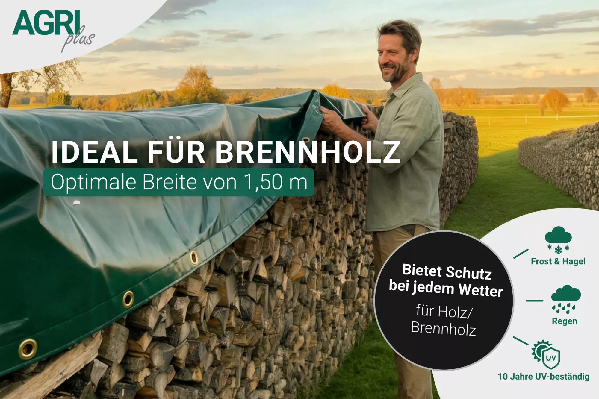 Holzabdeckplane mit Ösen 1,50 x 10 m, 610 g/m² Holzabdeckplane mit Ösen 1,50 x 10 m, 610 g/m²