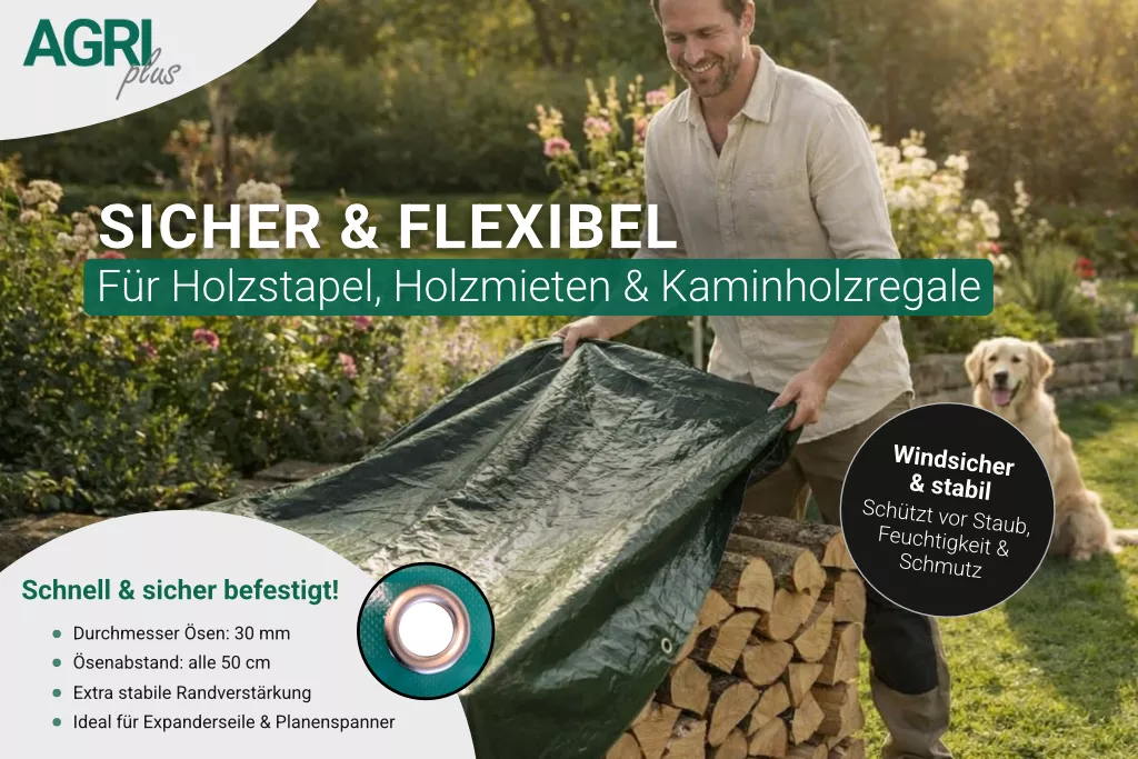 Holzabdeckplane mit Ösen 1,50 x 10 m, 900 g/m² Holzabdeckplane mit Ösen 1,50 x 10 m, 900 g/m²