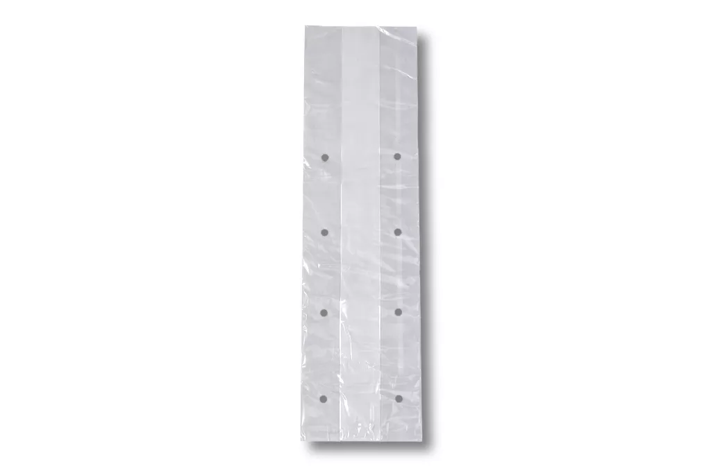 Seitenfaltenbeutel, transparent, 150 + 100 x 350 mm, gelocht, 17 µ