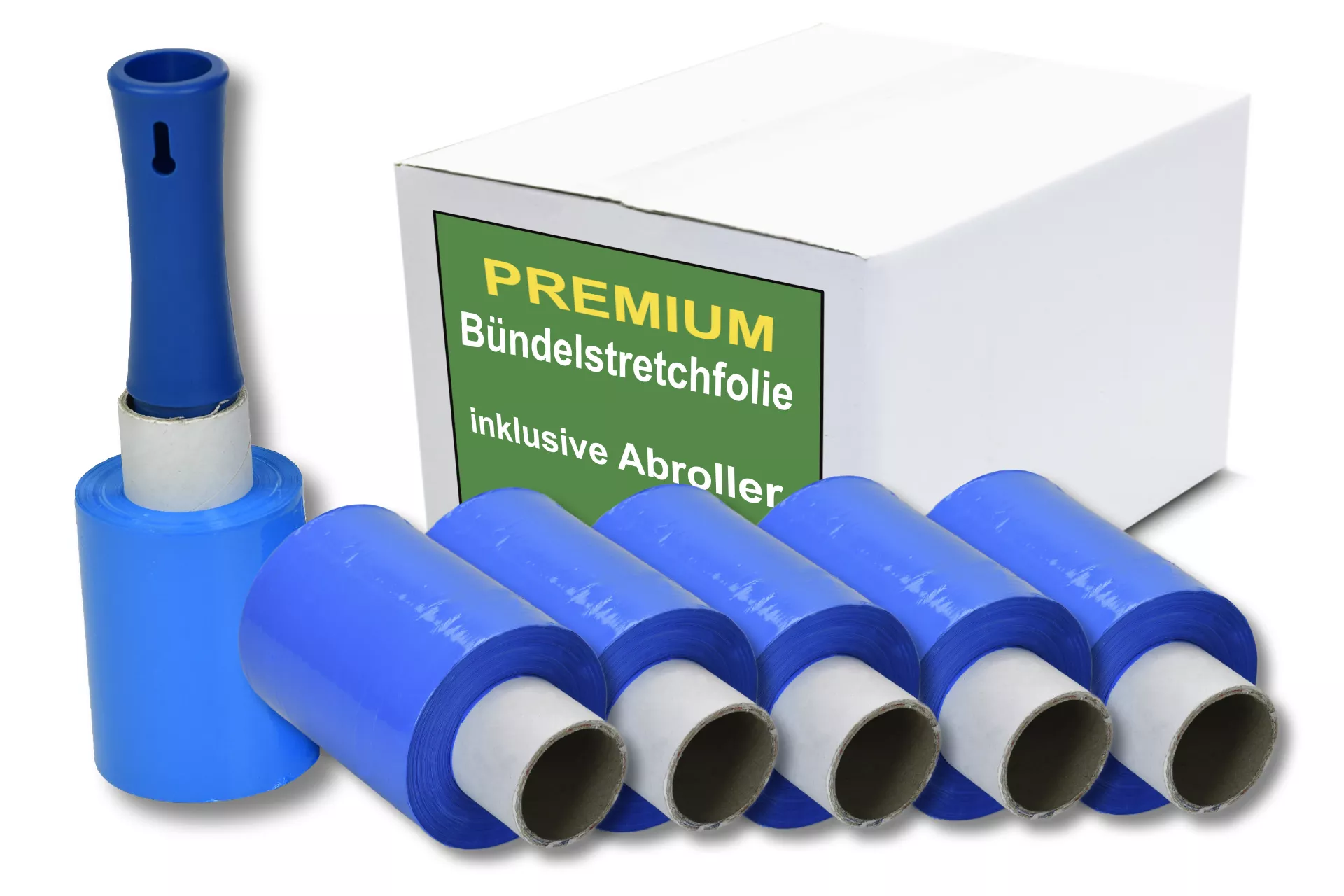 12x Bündelstretchfolie, 100 mm, 23 my, dunkelblau, Kernlänge 140 mm, mit Abroller 12x Bündelstretchfolie, 100 mm, 23 my, dunkelblau, Kernlänge 140 mm, mit Abroller