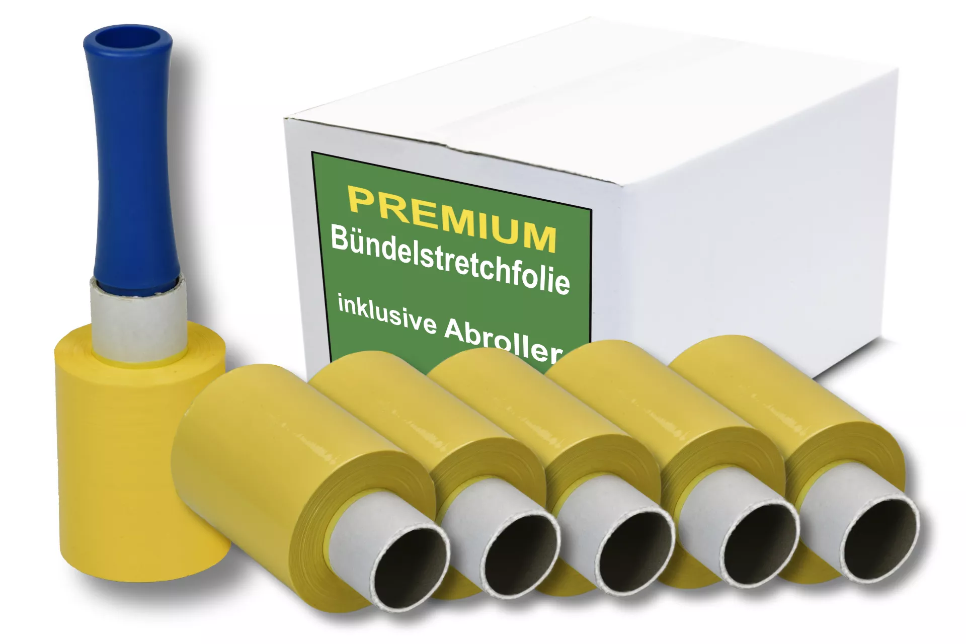 12x Bündelstretchfolie, 100 mm, 23 my, gelb, Kernlänge 140 mm, mit Abroller 12x Bündelstretchfolie, 100 mm, 23 my, gelb, Kernlänge 140 mm, mit Abroller