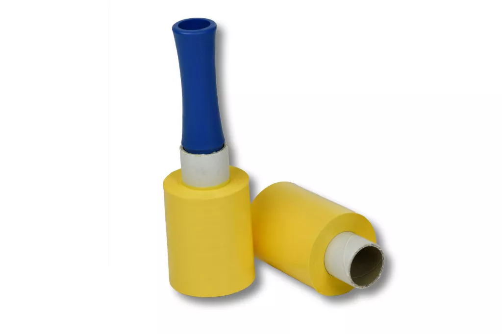 12x Bündelstretchfolie, 100 mm, 23 my, gelb, Kernlänge 140 mm, mit Abroller 12x Bündelstretchfolie, 100 mm, 23 my, gelb, Kernlänge 140 mm, mit Abroller