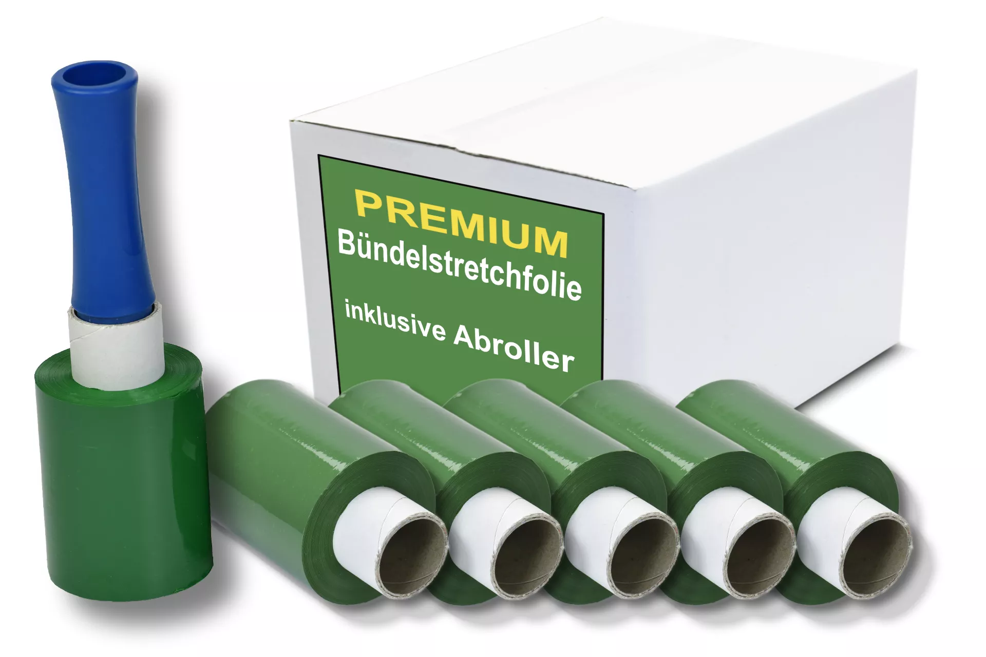 12x Bündelstretchfolie, 100 mm, 23 my, grün, Kernlänge 140 mm, mit Abroller 12x Bündelstretchfolie, 100 mm, 23 my, grün, Kernlänge 140 mm, mit Abroller