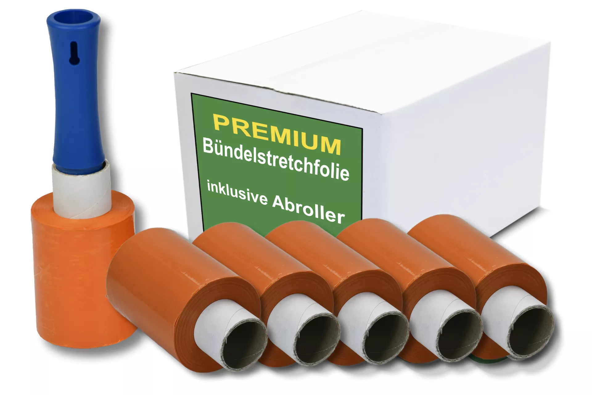 12x Bündelstretchfolie, 100 mm, 23 my, orange, Kernlänge 140 mm, mit Abroller 12x Bündelstretchfolie, 100 mm, 23 my, orange, Kernlänge 140 mm, mit Abroller