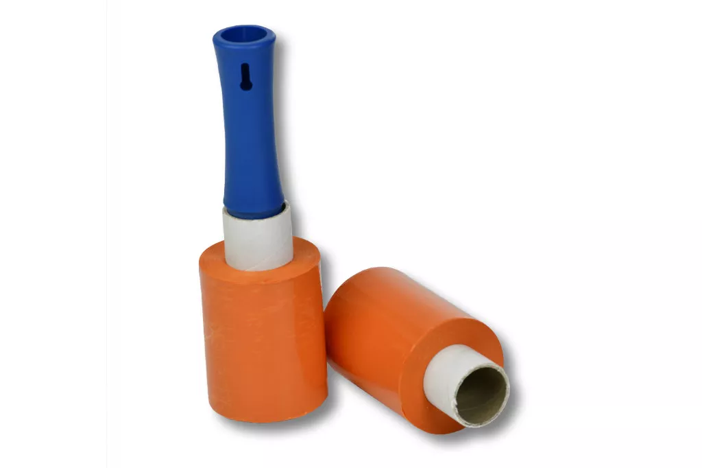 12x Bündelstretchfolie, 100 mm, 23 my, orange, Kernlänge 140 mm, mit Abroller 12x Bündelstretchfolie, 100 mm, 23 my, orange, Kernlänge 140 mm, mit Abroller