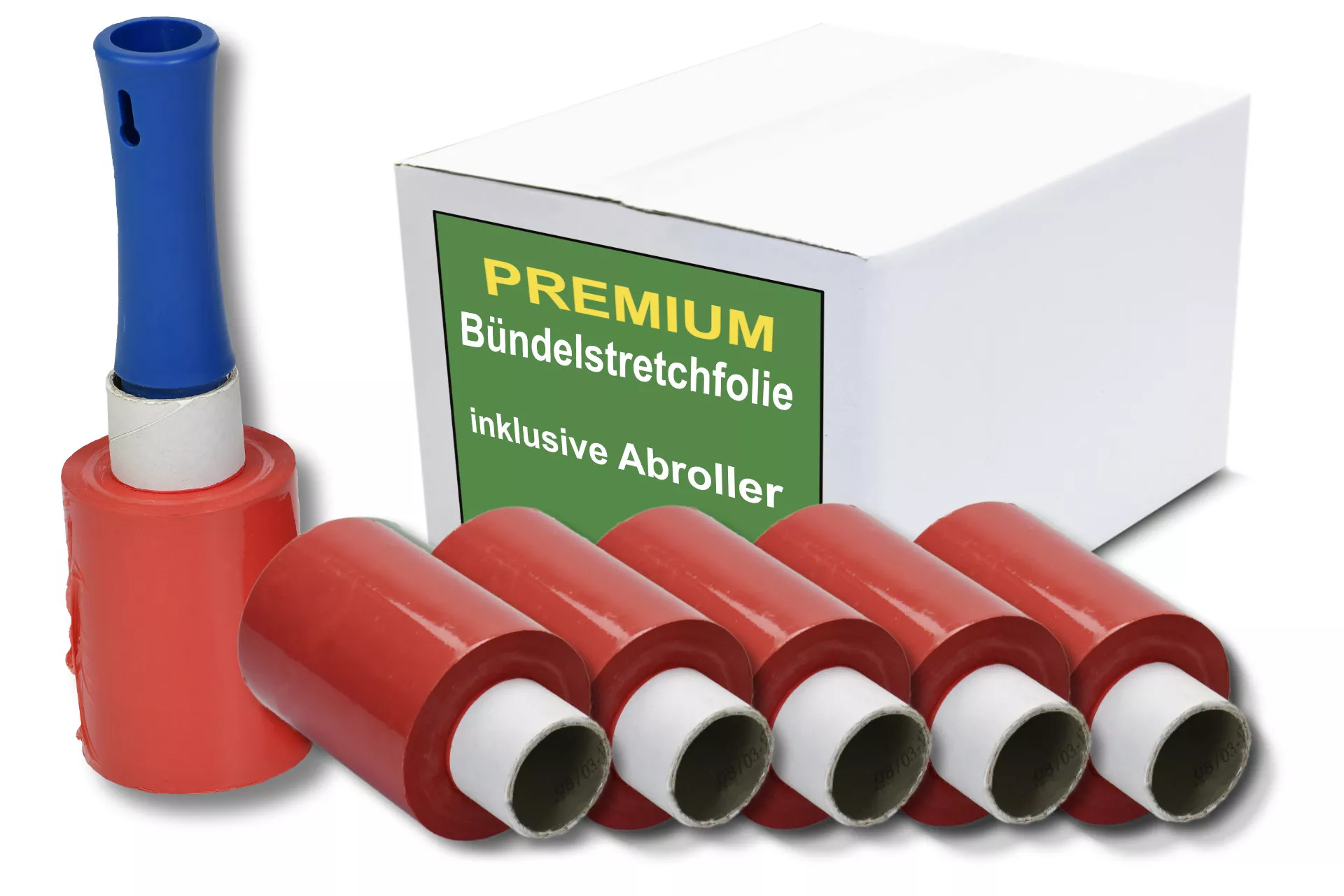 12x Bündelstretchfolie, 100 mm, 23 my, rot, Kernlänge 140 mm, mit Abroller 12x Bündelstretchfolie, 100 mm, 23 my, rot, Kernlänge 140 mm, mit Abroller