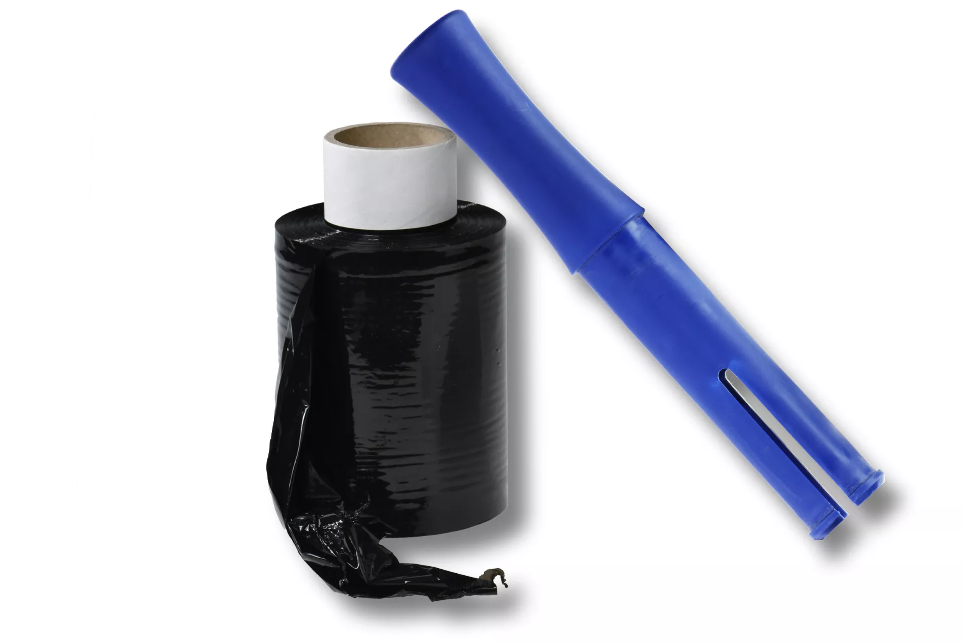 12x Bündelstretchfolie, 100 mm, 23 my, schwarz, Kernlänge 140 mm, mit Abroller 12x Bündelstretchfolie, 100 mm, 23 my, schwarz, Kernlänge 140 mm, mit Abroller