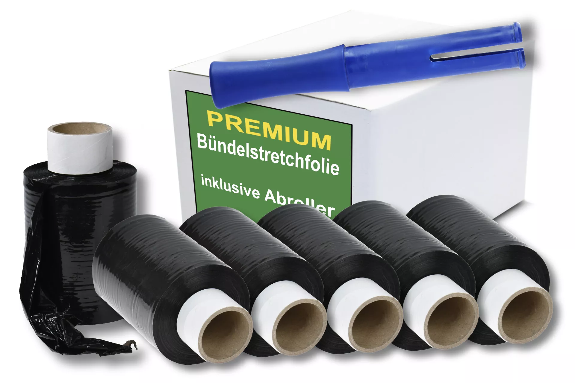 12x Bündelstretchfolie, 100 mm, 23 my, schwarz, Kernlänge 140 mm, mit Abroller 12x Bündelstretchfolie, 100 mm, 23 my, schwarz, Kernlänge 140 mm, mit Abroller