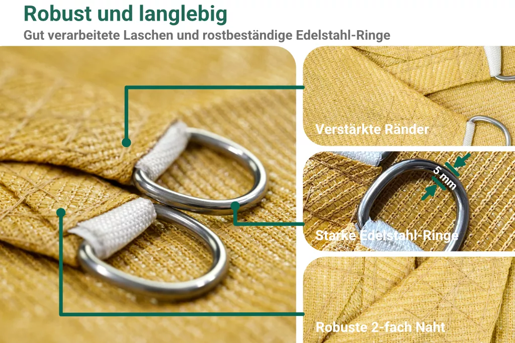 Sonnensegel HDPE inkl. Befestigungsseile, 3 x 5 m, beige