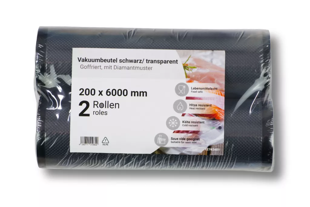 Vakuumrollen, goffriert, 200 x 6000 mm, 90my, schwarz/transparent Vakuumrollen, goffriert, 200 x 6000 mm, 90my, schwarz/transparent