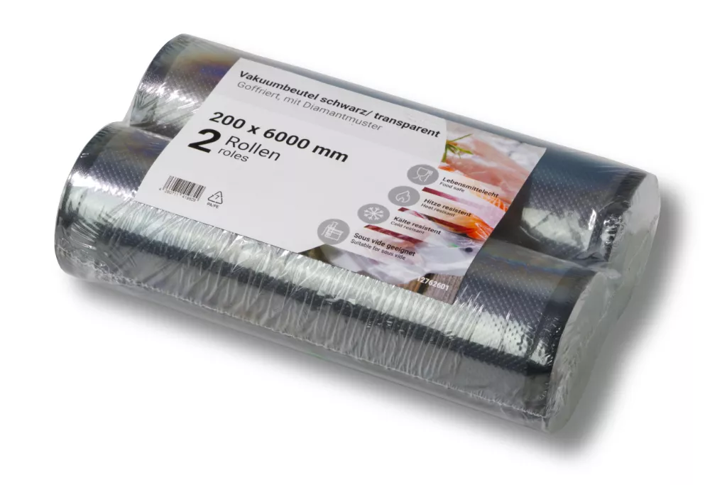 Vakuumrollen, goffriert, 200 x 6000 mm, 90my, schwarz/transparent