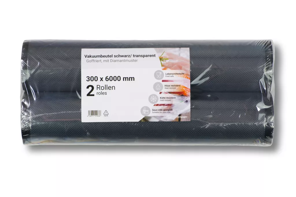 Vakuumrollen, goffriert, 300 x 6000 mm, 90my, schwarz/transparent Vakuumrollen, goffriert, 300 x 6000 mm, 90my, schwarz/transparent